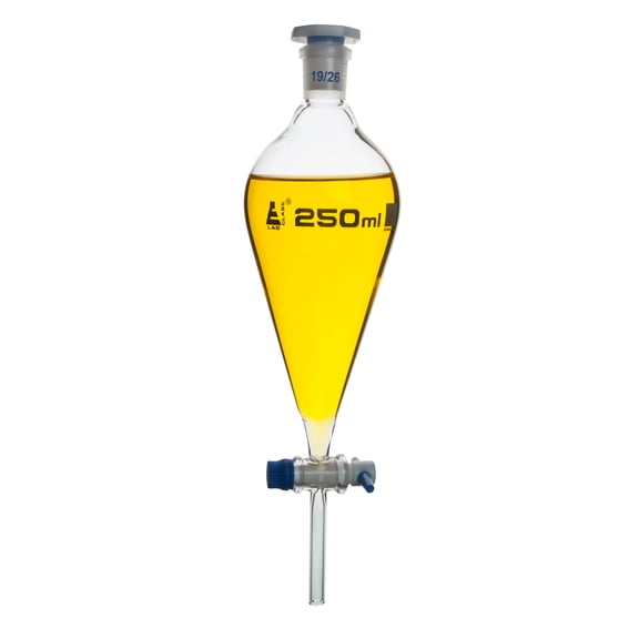 Separating Funnel, Squibb - 250ml, PTFE Stopcock, Interchangeable Plastic Stopper - Socket Size 19/26 - Borosilicate Glass - Eisco Labs