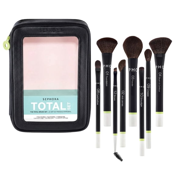 Sephora Collection The Total Brush Set 8PC, 4 Face Brushes, 4 Eye Brushes, Makeup Bag Included, Vegan Makeup Gift Set for All Formula Types