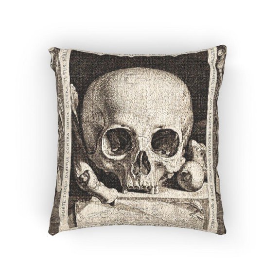 Sepia Anatomical Skull and Bone Woven Pillow, Vintage Vanitas Style for Gothic Home Decor
