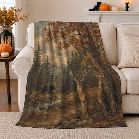 Sepia Brown Autumn Forest Scene With A, Rustic Woodland Art Style for Wildlife And Cabin Decor Fans, Thanksgiving Gift with Cozy Flannel Blanket, Home Decor for Living Room And Bedroom And Cabin