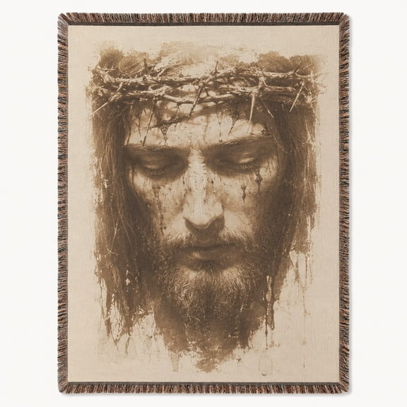 Sepia Faith Portrait Woven Cotton Throw Blanket with Fringe, Reversible