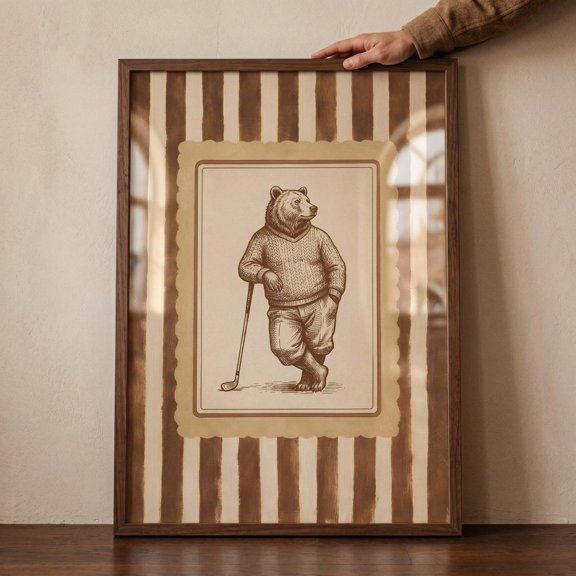 Sepia Golfing Bear Rustic Sports Den Wall Decor Unframed Paper Print