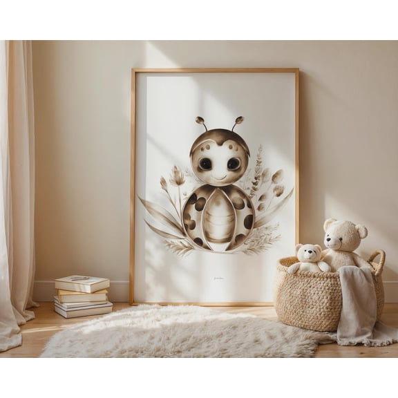 Sepia Ladybug Botanical Nursery Art, Whimsical Vintage Bug Decor Poster Unframed Paper Print