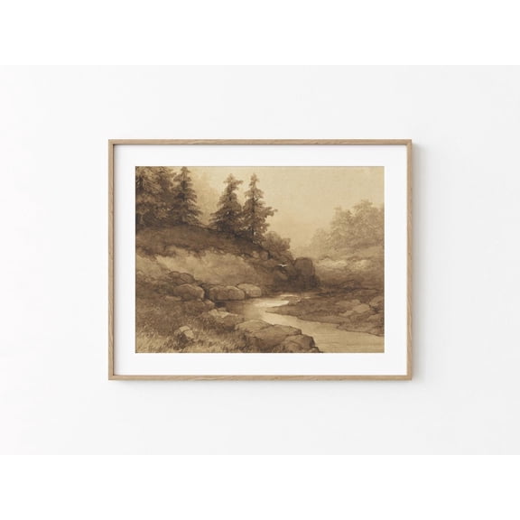 Sepia Pine Tree Forest River Landscape Printable Antique Trees Print Earthy Neutral Wall Art Brown Ink Drawing Poster Decor, Unframed Poster Size 8x12 F03.1.22l15