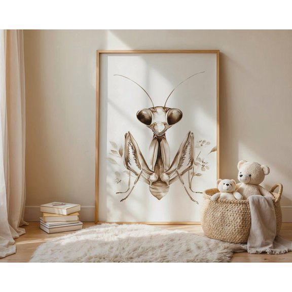 Sepia Praying Mantis Minimalist Botanical Insect Print, Unframed Poster
