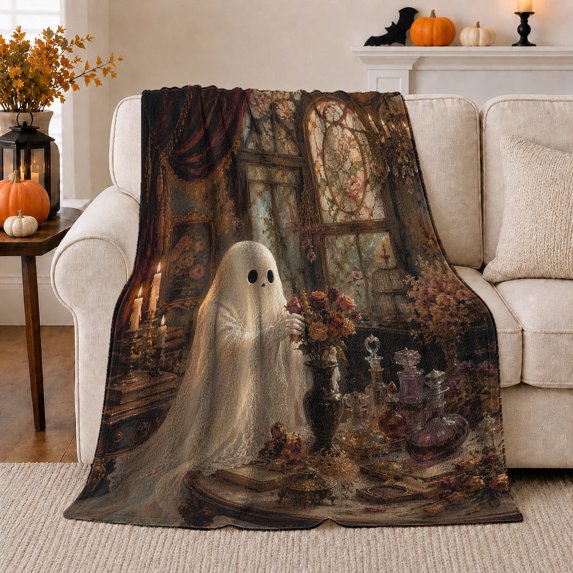 Sepia-Toned Vintage Ghost Holding Bouquet Mysterious Painterly Art, Festive Halloween Scene, Warm Flannel Blanket for Living Room and Family Room, Art Lovers Halloween Gift, Festive Home Decor