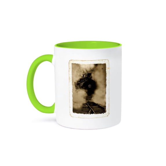 3dRose, Sepia Train engulfed in clouds of steam, 11oz Two-Tone Green Mug