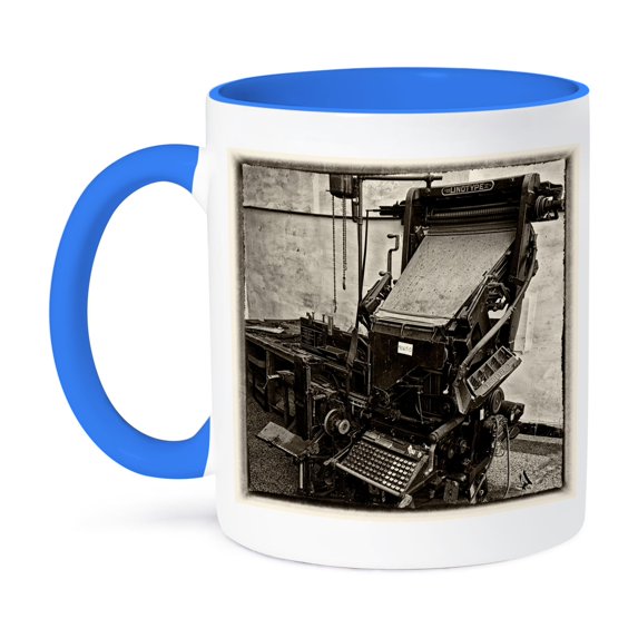 3dRose, Sepia vintage wet plate Old linotype printer in Santa Clara Cuba , 11oz Two-Tone Blue Mug