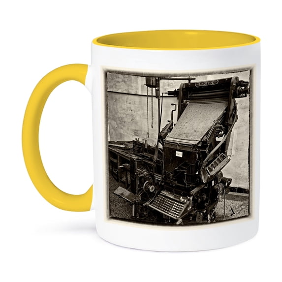 3dRose, Sepia vintage wet plate Old linotype printer in Santa Clara Cuba , 11oz Two-Tone Yellow Mug