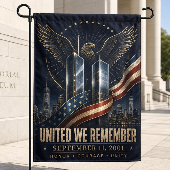 September 11 Memorial Garden Flag, Twin Towers Eternal Torch Banner, Patriotic NYC Skyline Decor