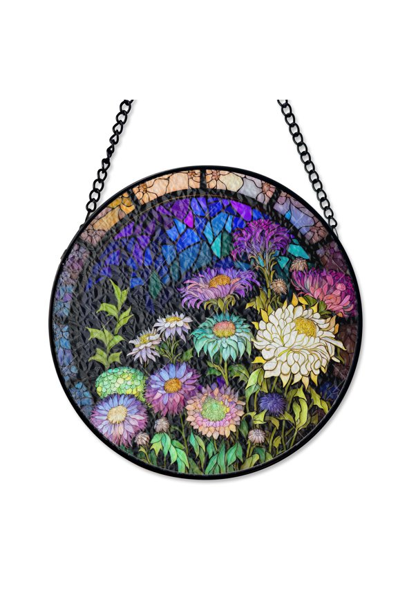 September Aster Birth Flower Suncatcher, Stained Glass Style UV Printed Glass, Monthly Floral Birthday Gift, Round