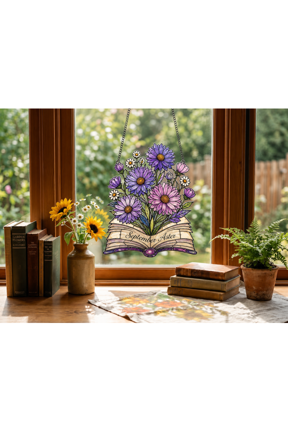 September Aster Suncatcher Window Hanging Book Lover Stained Glass Charm Gift
