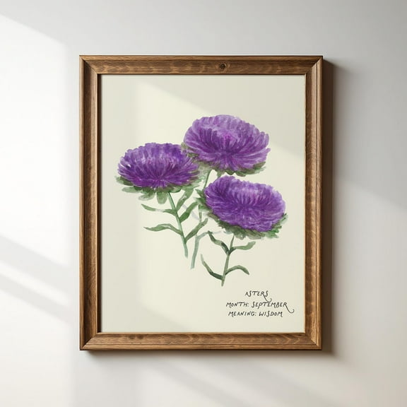 September, Asters, Birth Month Flower Illustration Print, Art Print, Trendy Decor, Abstract Vintage Painting Wall Art, Modern Wall Decor For Living Room, 8x12 UNFRAMED