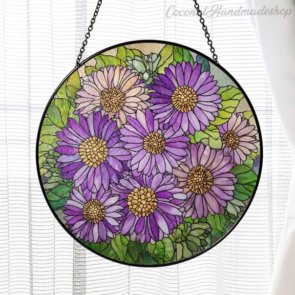 September Birth Flower Aster Stained Glass Suncatcher Purple Floral Window Hanging Mom Gift