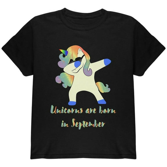 September Birthday Dabbing Unicorn Sunglasses Youth T Shirt Black YSM