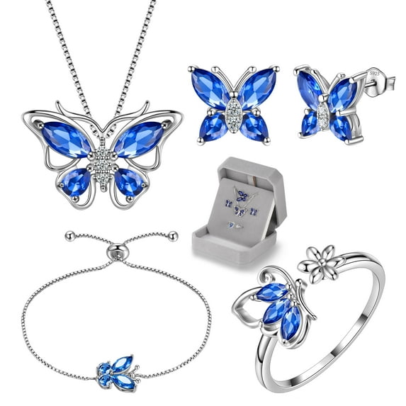 September Birthstone Jewelry Set Sapphire Blue Butterfly Fine Necklace/Earrings/Ring/Bracelet 925 Sterling Silver Women Birthday Xmas Mother's Day Gifts