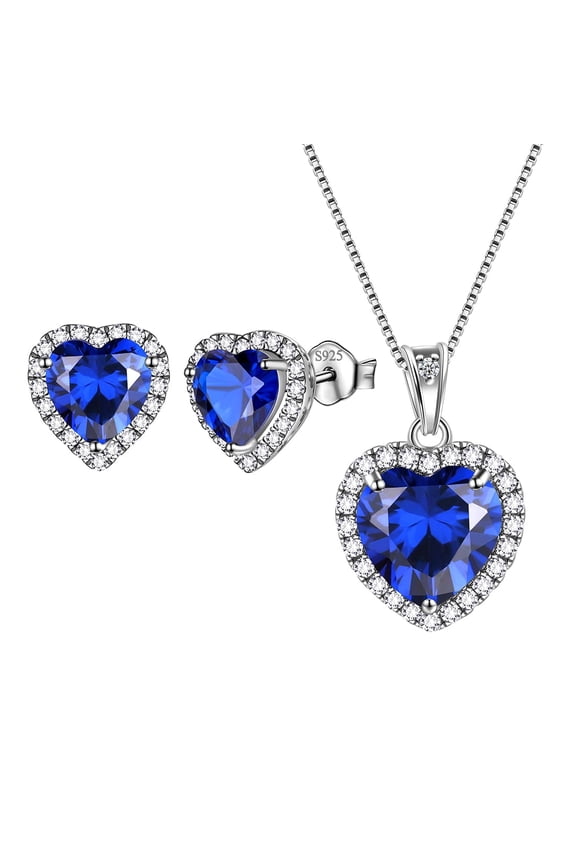 September Birthstone Jewelry Sets Blue Heart Jewelry Set Sapphire Fine Necklace Earrings 925 Sterling Silver Women Birthday Mother's Day Gifts