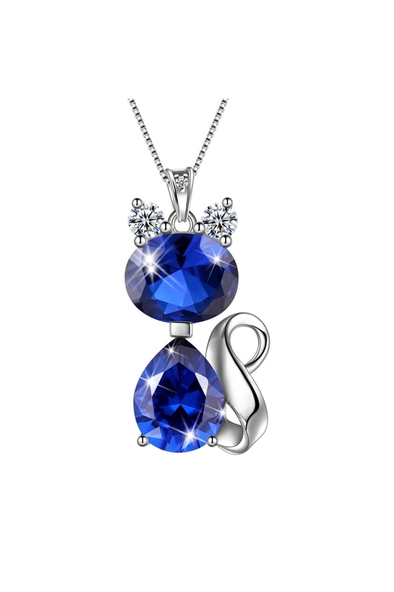 September Birthstone Necklace Sapphire Blue Cat Pendant Charms 925 Sterling Silver Jewelry Women Daughter Wife Mother Christmas Birthday Gift