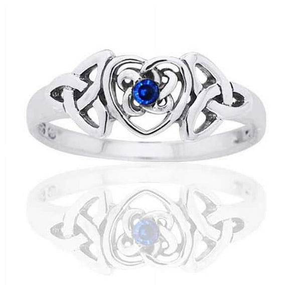 September Birthstone Ring - Sterling Silver Simulated Sapphire Glass Celtic Trinity Knot Heart