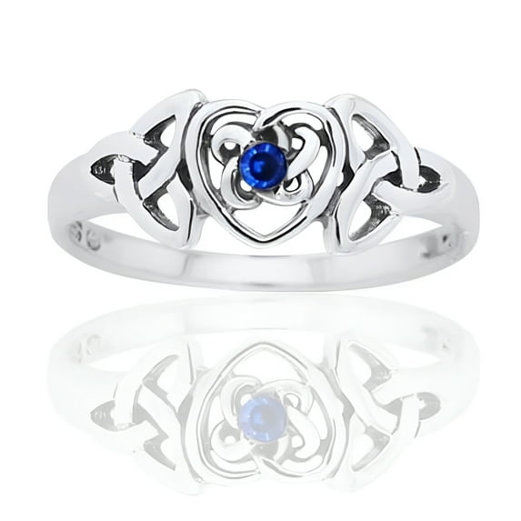 September Birthstone Ring - Sterling Silver Simulated Sapphire Glass Celtic Trinity Knot Heart