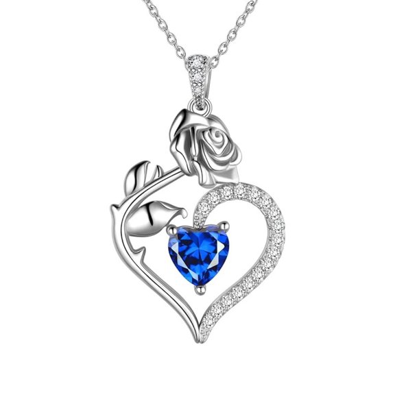 September Blue Sapphire Necklace Women- 925 Sterling Silver- Heart Birthstone Pendant Flower Rose Jewelry- Handmade Jewelry