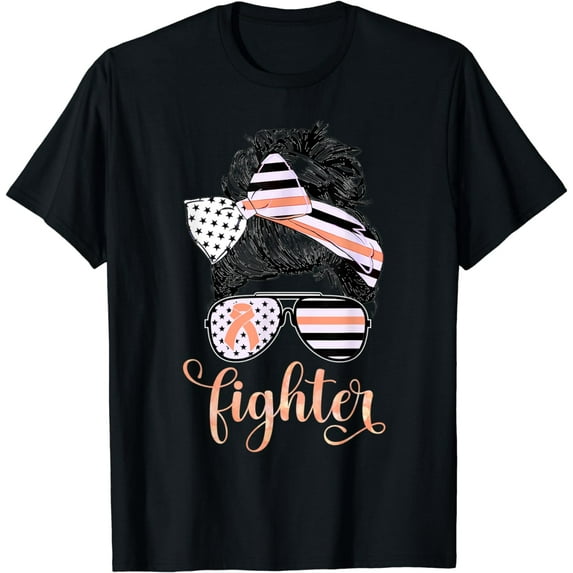 September Uterine Cancer Awareness Fighter Peach Messy Bun T-Shirt