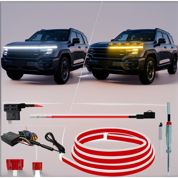 Sequential Dynamic Scan LED Hood Light Strip for Cars, Dual Color White DRL with Amber Turn Signal, Flexible Cuttable IP68 Waterproof Exterior LED Light, for Trucks SUVs Vans, 47inch 12V, 1 Set