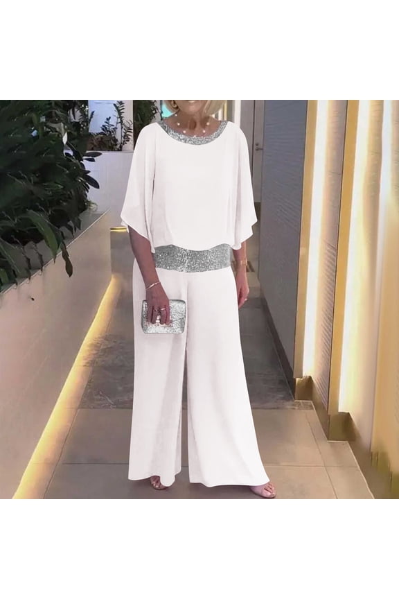 Sequin 2 Piece Set For Women Crew Neck 3/4 Sleeve Tops Wide Leg Pants Mesh Patchwork Loose Comfy Suit (M, White)
