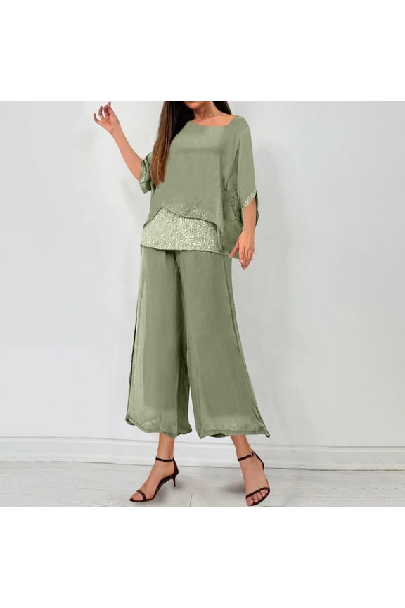 Sequin 2 Piece Set For Women Crew Neck 3/4 Sleeve Tops Wide Leg Pants Mesh Patchwork Loose Comfy Suit (XXL, Green)