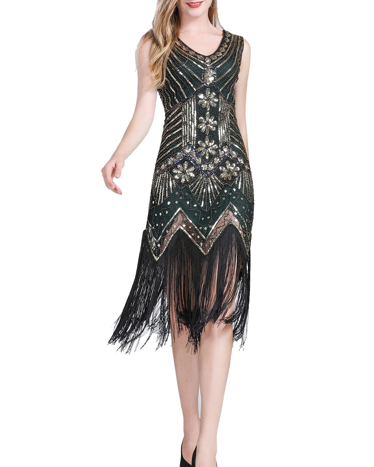 Sequin 20's Shift Prom Jazz Gatsby Flapper Era Reproduction Dress Themes  Black/Green - Walmart.com