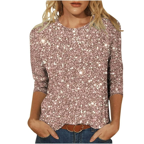 Sequin 3/4 Sleeve Shirts for Women Summer Party Tops Fashion Casual Crewneck Tee Shirt Comfy Blouse