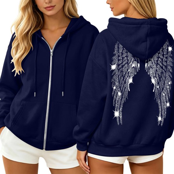 Sequin Angel Wings Hoodie Women Trendy Long Sleeve Sweatshirt Baggy Drawstring Jacket with Pocket Y2K Fall Streetwear Top Outfits