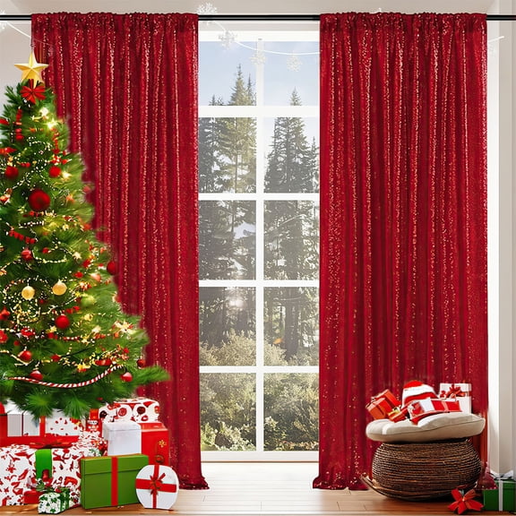 Sequin Backdrop Curtain Panels Stage 2 Pieces 24.01x95.66 In Sheer Curtains Backdrop Photo Backdrop Curtains for Wedding Birthday Party Background Drapes(Red)
