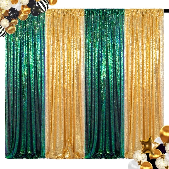 Sequin Backdrop Set of 4, 2FTx8FT Photo Backdrop Sequin Curtains Shimmer Wall Backdrop Photograph Backgrounds Sparkle Backdrop Curtains (Iridescent Green and Gold)
