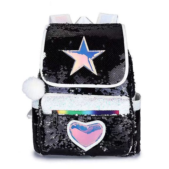Sequin Backpack for Women Small Size Cute Heart Star Glitter Sparkly Casual Backpack with Plush Balls