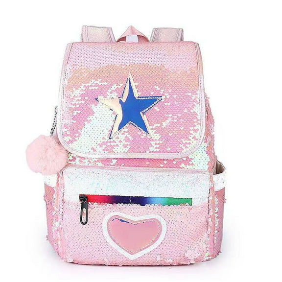 Sequin Backpack for Women Small Size Cute Heart Star Glitter Sparkly Casual Backpack with Plush Balls For College Young Ladies