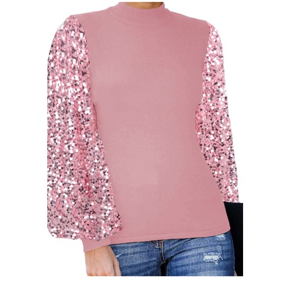 Sequin Balloon Long Sleeve Mock Neck Pullover Sweatshirt Shiny Top, Pink, Medium