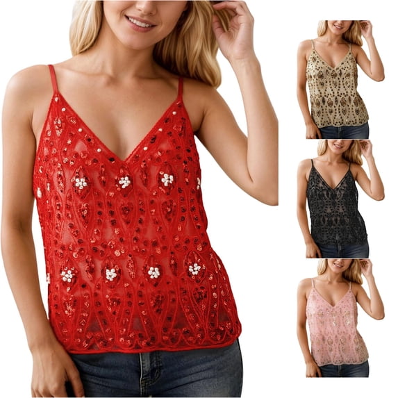 Sequin Beaded Camisole Slim Fit Layering Tank Top Cropped Sleeveless Shirt Womens Sleeveless Tee Shirts