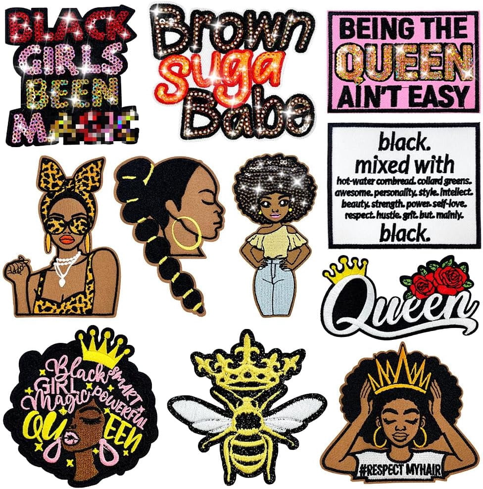Sequin Black Girl Iron On Patches, Queen Embroidered Patch for Clothes, Women Applique for Backpacks, Hats, Jeans, Jackets - 11PCS