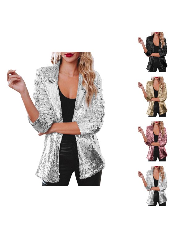 Sequin Blazer Jacket for Women Glitter Long Sleeve Open Front Notched Lapel Cardigan Jackets Rave Party Outerwear