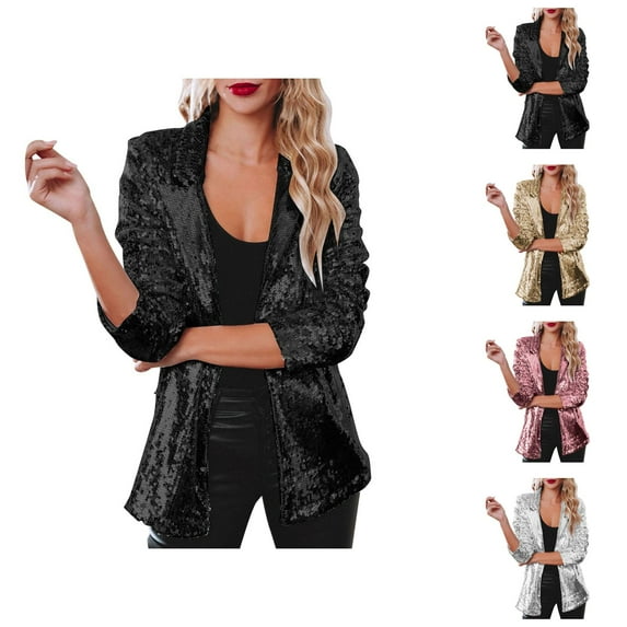 Sequin Blazer Jacket for Women Glitter Long Sleeve Open Front Notched Lapel Cardigan Jackets Rave Party Outerwear