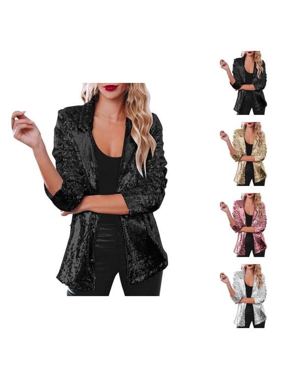 Sequin Blazer Jacket for Women Glitter Long Sleeve Open Front Notched Lapel Cardigan Jackets Rave Party Outerwear