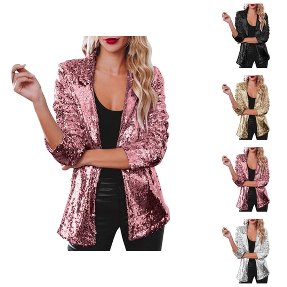 Sequin Blazer Jacket for Women Glitter Long Sleeve Open Front Notched Lapel Cardigan Jackets Rave Party Outerwear