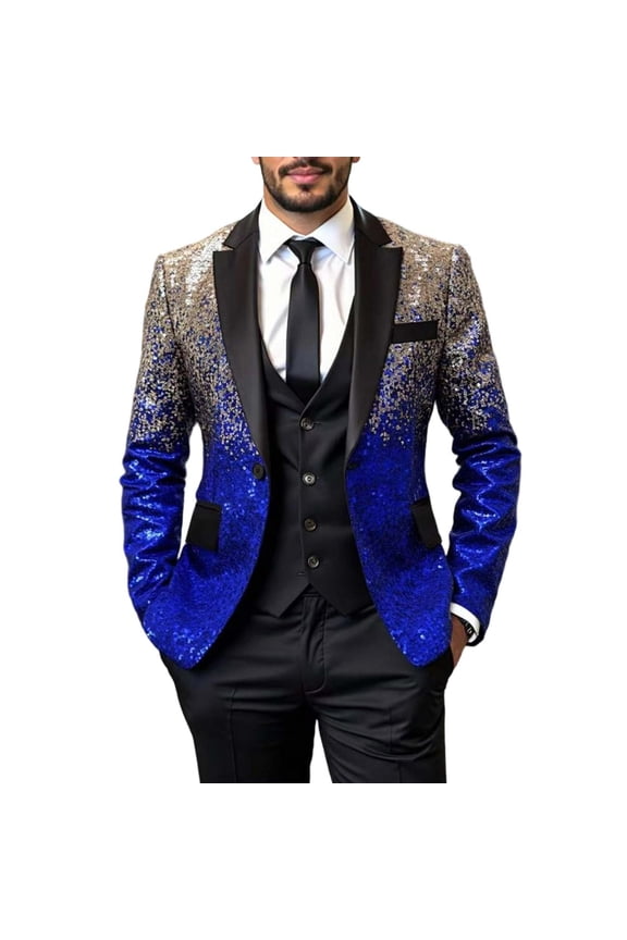 Sequin Blazer for Men One Button Notched Lapel Suit Jacket Casual Business Jackets Sports Coats Slim Fit Plus Size Blazer Blue XXL