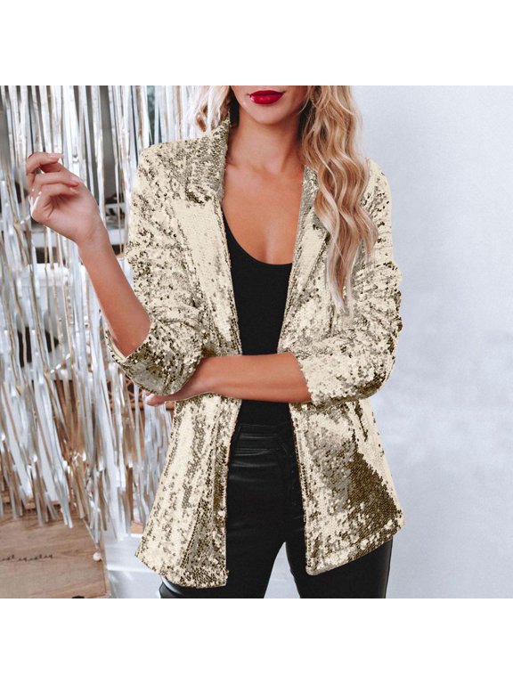 Sequin Blazer for Women Shimmer Jacket Casual Long Sleeve Glitter Party Shiny Lapel Coat Rave Lightweight Blazer Coat, Limited Time Offer
