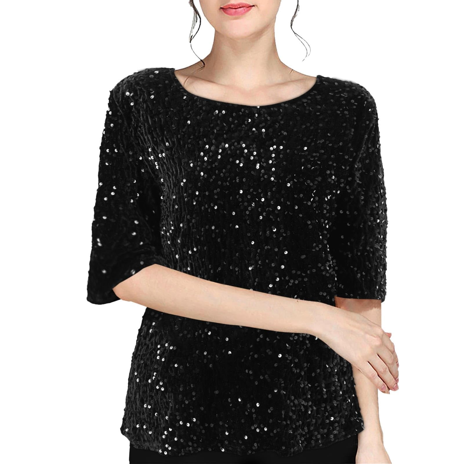 Sequin Blouse Women Shimmer Glitter Shirts Sparkle Tops 3/4 Sleeve Crew ...