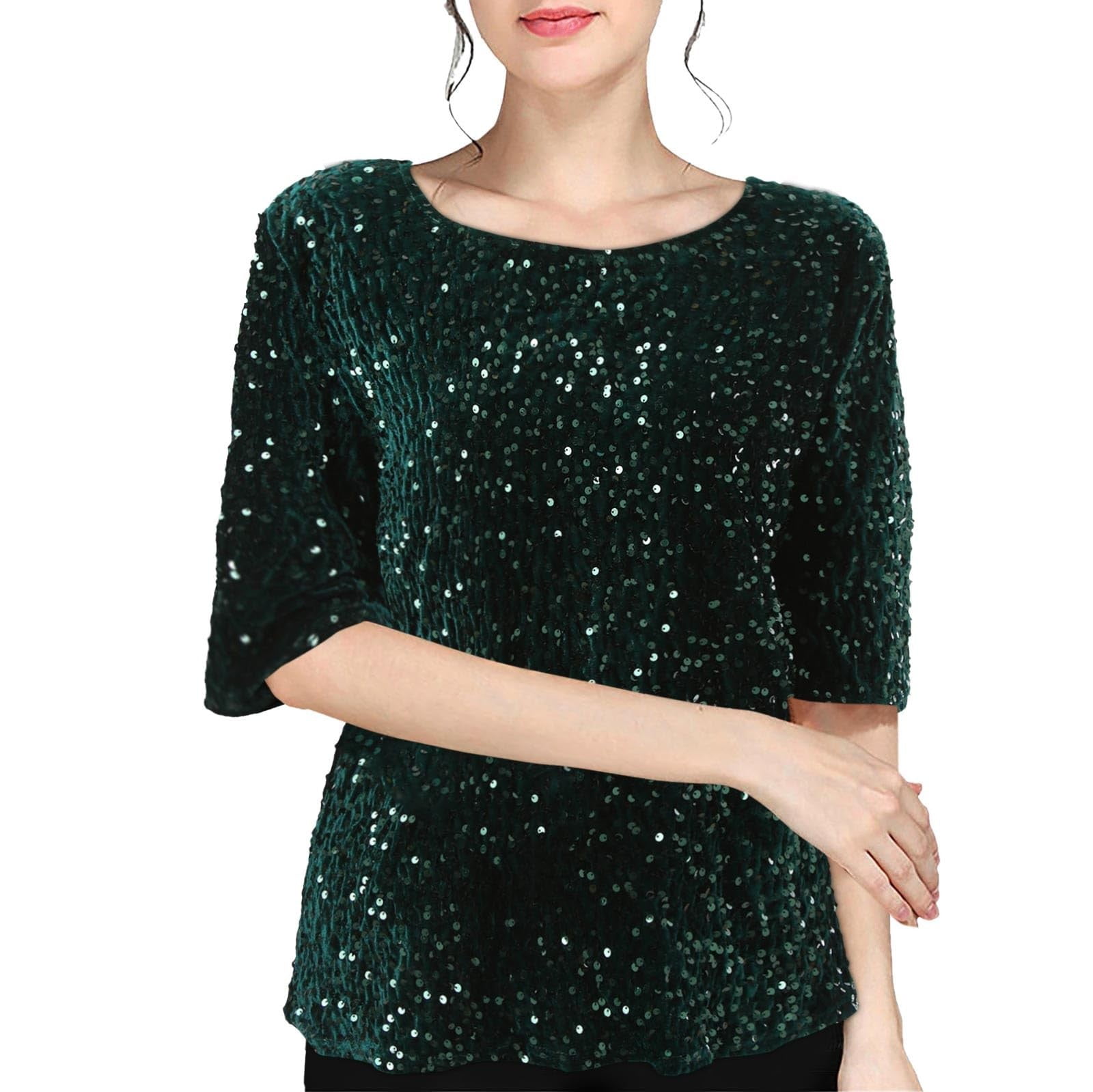 Sequin Blouse Women Shimmer Glitter Shirts Sparkle Tops 3/4 Sleeve Crew ...