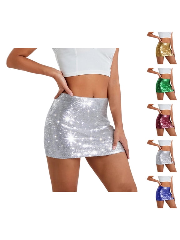 Sequin Bodycon Skirt for Women Elastic Waist Metallic Sparkly Sequin Mini Skirts Night out Party Skirts