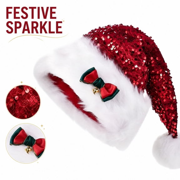 Sequin Bow Christmas Santa Hat, Double-Layer Plush Slouchy Holiday Hat, Xmas Party Costume Accessory for Adults Teens