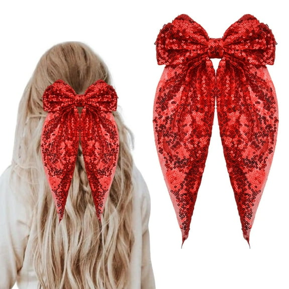 Sequin Bow Hair Ribbon Clips for Women - Glittering Bows - Disco Sparkling Hair Bow Clips - Headwear for Party Ball - Bow Hair Accessories
